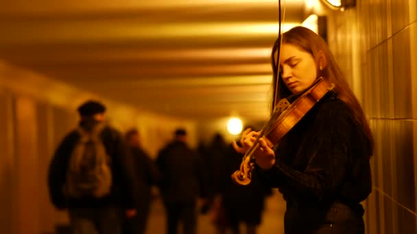Ένα νεαρό κορίτσι μουσικός του δρόμου παίζει βιολί σε μια υπόγεια σήραγγα. — Αρχείο Βίντεο