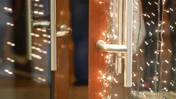 Girlande aus Miniatur-LED-Glühbirnen leuchtet in der Nähe von Vitrinen. Besucher kommen — Stockvideo