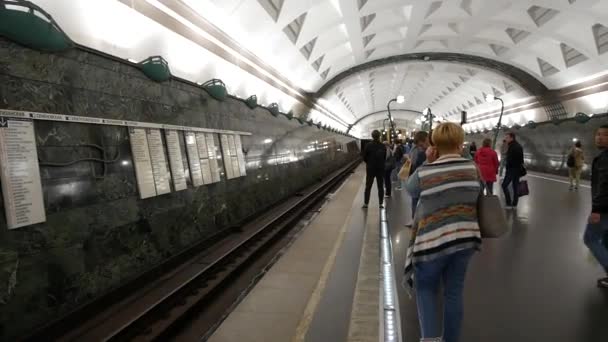 Panorama över tunnelbanan. Tåg ankommer och avgår — Stockvideo
