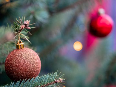 Yeşil doğal ladin dallarına yakın çekimde Noel oyuncakları. Noel ağacı aksesuarlarının makro çekimi. Tatil kartı geçmişi için hazırlan. Bulanık bokeh üzerinde boşluk kopyala