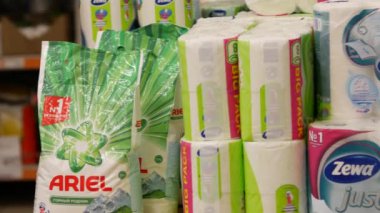 Dixie shop. Large stock of toilet paper and paper towels on pallet. No panic