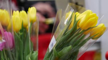 Flowers in bouquets, tulips on eve of March 8, International Women's Day holiday