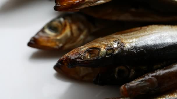 Hideg füstölt salaka készen áll az evésre. Füstölt hal közelről egy tányéron. Tengeri halak — Stock videók