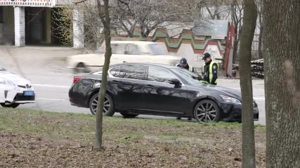 Polispatruller kontrollerar dokument från föraren av stoppad svart bil — Stockvideo