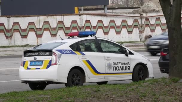 Des policiers vérifient les documents du conducteur de la voiture noire arrêtée — Video