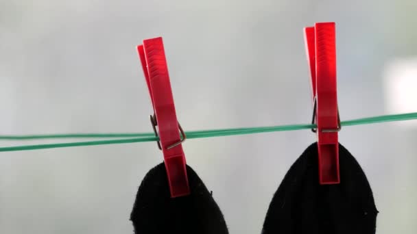 Deux chaussettes noires pour hommes fixées avec des pinces à linge rouges sur une corde verte . — Video