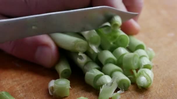 Букет свіжої зеленої цибулі поміщають на кухонну дерев'яну обробну дошку і вирізають — стокове відео