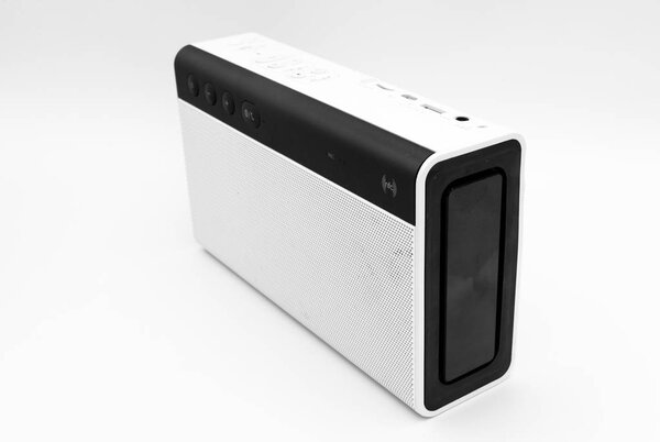 White, background, speaker, isolated, bluetooth, wireless, portable, modern, computer, technology, studio, mini, equipment, black, music, entertainment, sound, mobile, audio, volume, stereo, red, notebook, digital, box, dancing, radio, song, accessor
