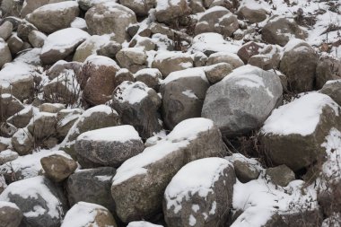 Kar ve donmuş gölün su bir plajda kayalar