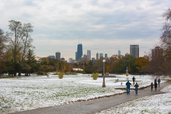 Nieve en un parque Lincoln de Chicago en noviembre — Foto de Stock