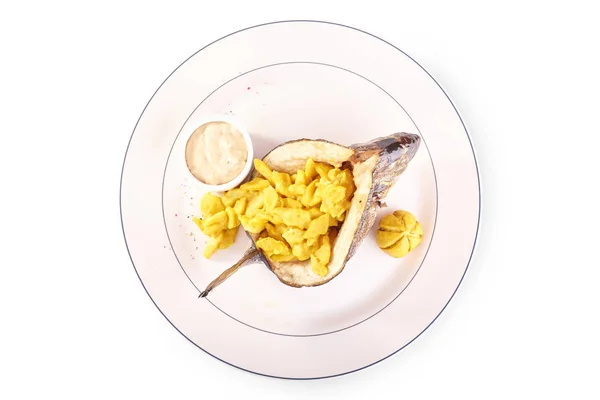 Dorado grill with garnish of mushrooms on a plate. White background — Stock Photo, Image