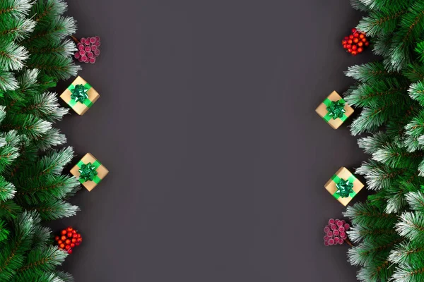 Weihnachten oder Neujahr Hintergrund für Dekoration Design. Weihnachtsbaumzweige auf schwarzem Hintergrund mit roten und goldenen Weihnachtskugeln, Geschenkschachtel rund um den Umfang auf weißem Hintergrund. — Stockfoto