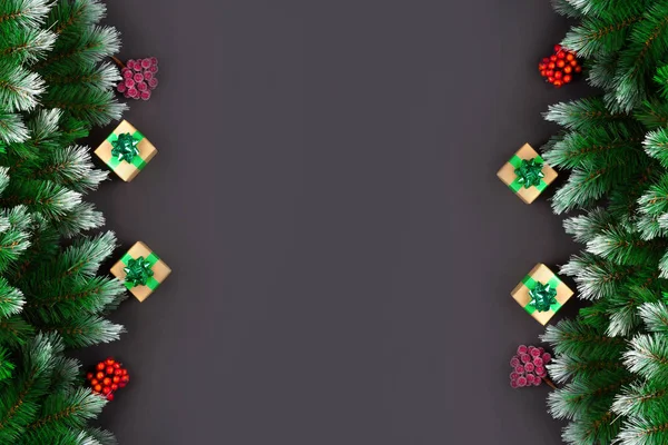 Weihnachten oder Neujahr Hintergrund für Dekoration Design. Weihnachtsbaumzweige auf schwarzem Hintergrund mit roten und goldenen Weihnachtskugeln, Geschenkschachtel rund um den Umfang auf weißem Hintergrund. — Stockfoto