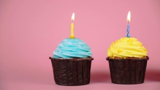 Födelsedag blåser ut muffins med jordgubbe, citron och blåbär grädde på rosa bakgrund. flytta kameran i skott med muffins. födelsedagskoncept, önska på distributionsdagen före tårta — Stockvideo