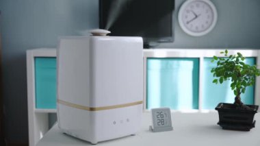 Beyaz nemlendirici nemlendirici ve tatlandırıcı işe yarıyor. Bonsai bitkisiyle aynı odada kaynar su var. Mobil meteoroloji istasyonu, çocuk odasında nem ve sıcaklık olduğunu gösteriyor. Dolly kaydırma videosu.