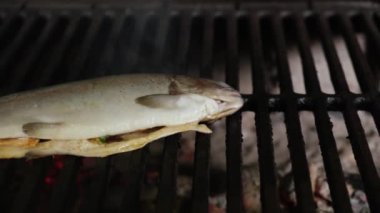 Çiğ balık, limonla doldurulmuş gökkuşağı alabalığı sıcak kömür ızgarasında pişirilir. Dolly kayan video kamera hareketleri 