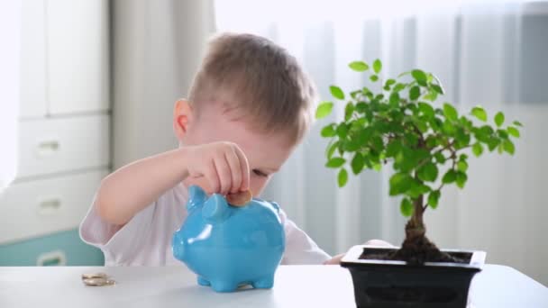 Petit enfant blond mignon, met de l'argent dans la tirelire bleue Banque, collecte de l'argent pour les jouets ou pour les loisirs, fait un investissement dans l'avenir avec en arrière-plan la chambre des enfants au soleil et le bonsaï vert. — Video