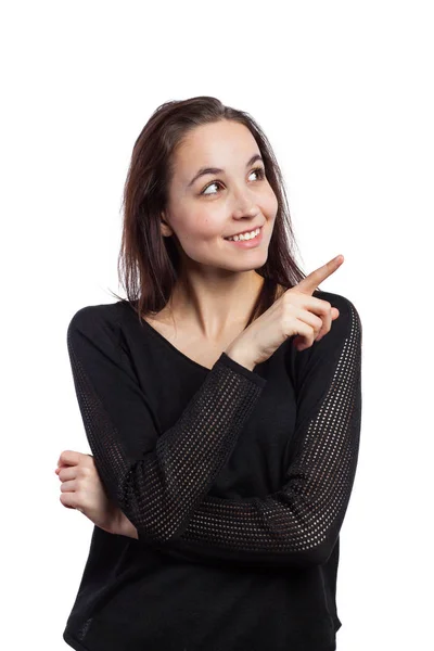 Sorrindo jovem apontando — Fotografia de Stock