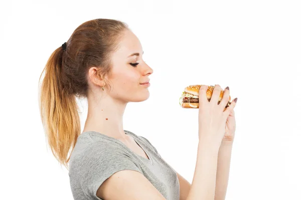 Girl and burger — Stock Photo, Image