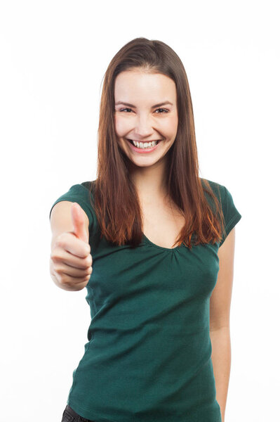 Cheerful woman with thumb up