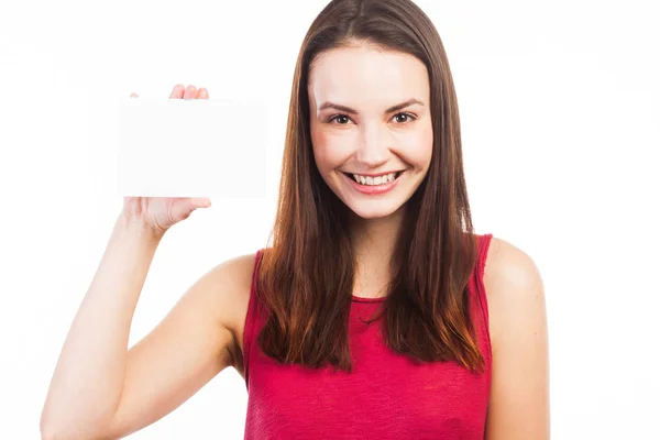 Joyful young woman showing a blank card — Stock Photo, Image