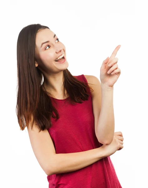 Joyful young woman pointing up — Stock Photo, Image