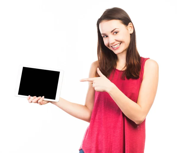 Pretty brunette presenting a digital tablet — Stock Photo, Image