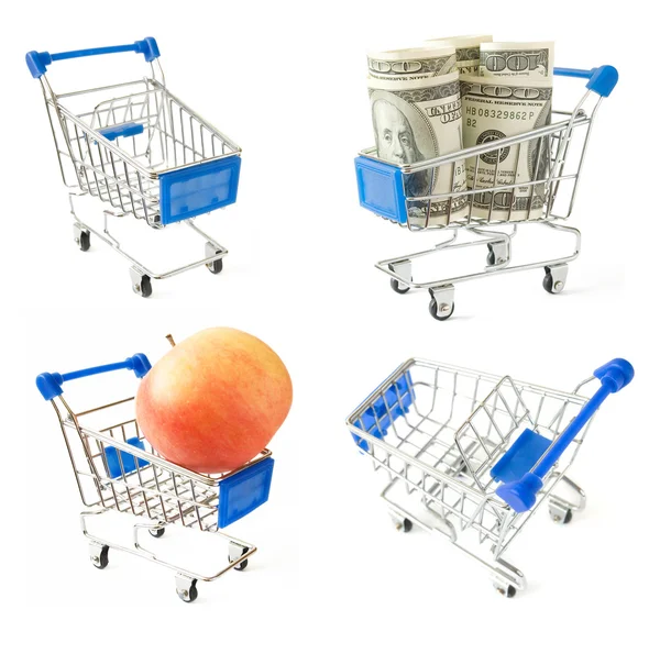 果物やお金のあるショッピングカートのセット — ストック写真