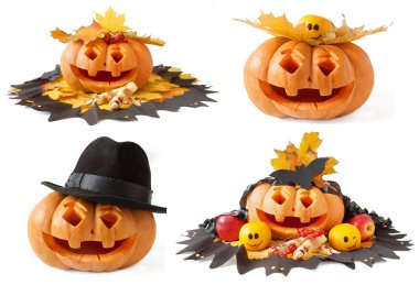 Cadılar Bayramı Balkabağı yüz beyaz arka plan üzerinde izole sonbahar yaprakları ile