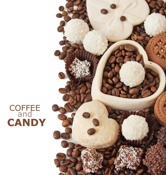 Chocolate sweets, candy and cakes with coffee beans — Stock Photo, Image