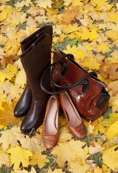 革の靴やブーツは秋の紅葉。靴やバッグのコレクション販売。秋の販売 — ストック写真
