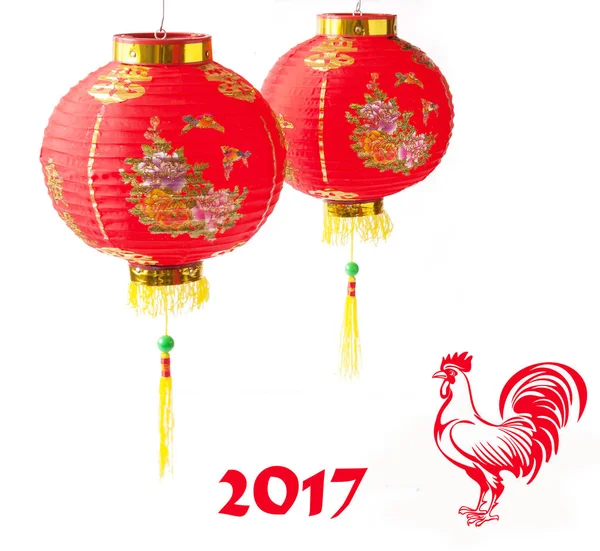 Ano 2017 novo chinês frango conceito pássaro lunar. Paredes orientais e árvore de ano novo isolado no fundo branco — Fotografia de Stock