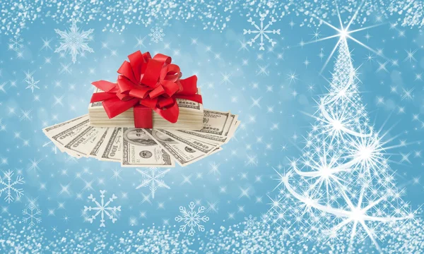 New Year Money gift. New Year Money bonus. Stack with money with red bow on new year background