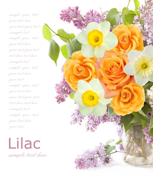 Lilac flowers, narcissus and roses bunch in vase isolated on white background with sample text — Stock Photo, Image