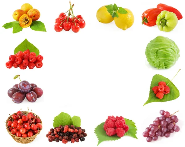 Quadro de frutas, legumes e bagas (ameixa, damasco, uvas, cereja, repolho, framboesas, maçã, rabanete e amoreira) com folhas frescas isoladas em fundo branco . — Fotografia de Stock