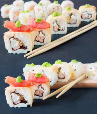 Suşi siyah bir arkaplanda.