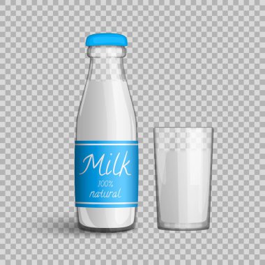 Şeffaf cam şişe ve cam bardak süt ile