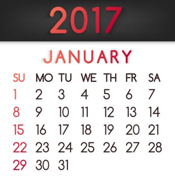 Ocak 2017 takvim vektör kırmızı tonlarda düz bir tarzda
