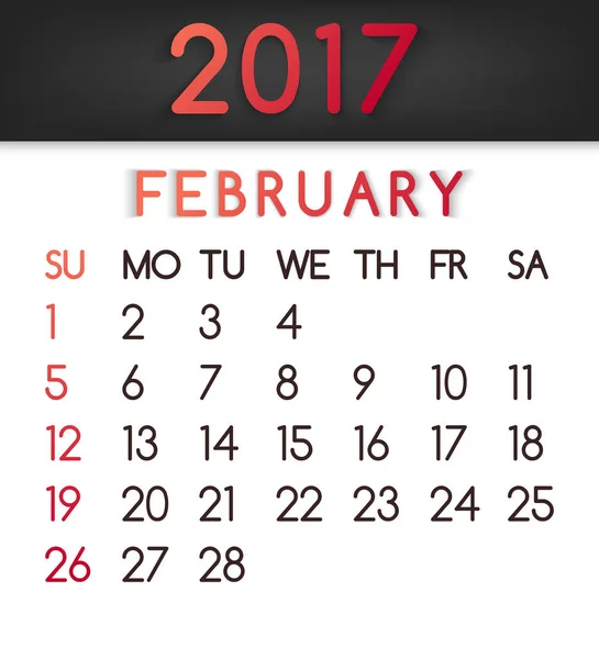 Febrero 2017 vector de calendario en un estilo plano en tonos rojos — Archivo Imágenes Vectoriales