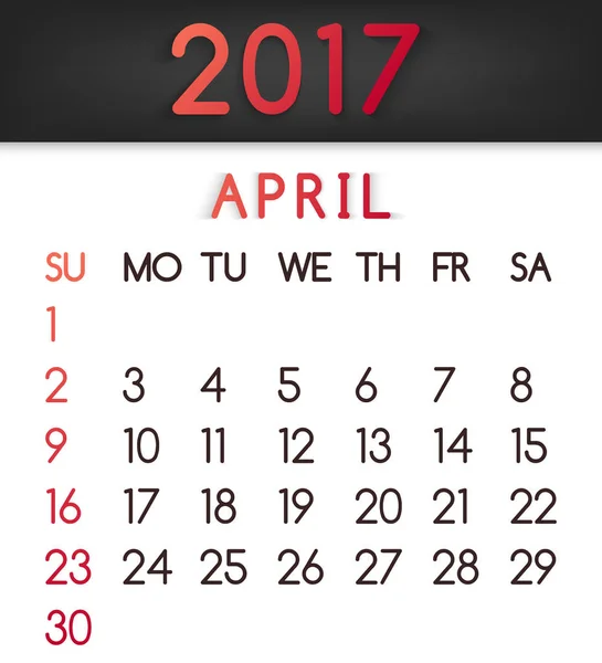 在红色色调的平面样式 4 月 2017年日历矢量. — 图库矢量图片