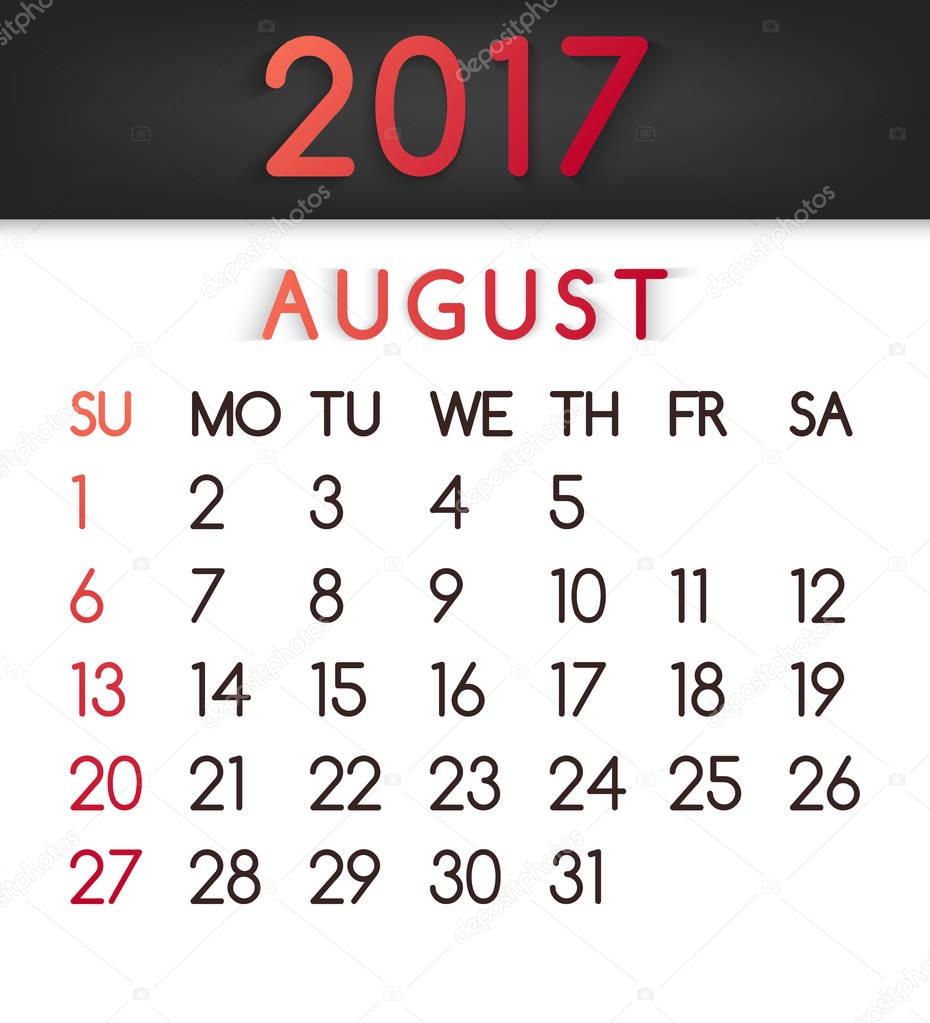 August 2017 calendar vector in a flat style in red tones.