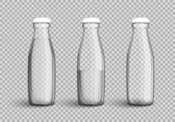 Şeffaf cam şişe su, tam, yarım dolu ve boş ile