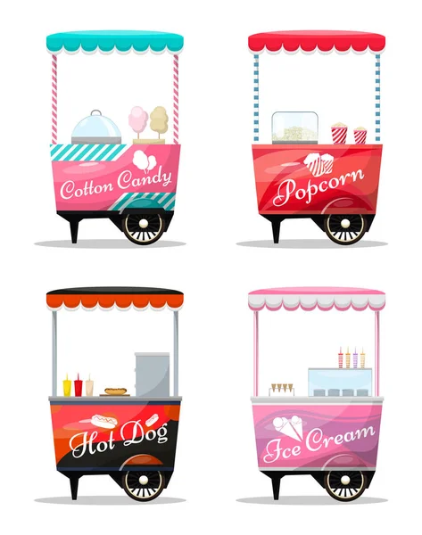 Carros set retail, palomitas de maíz, algodón de azúcar, hot dog, quiosco de helados en la rueda — Vector de stock
