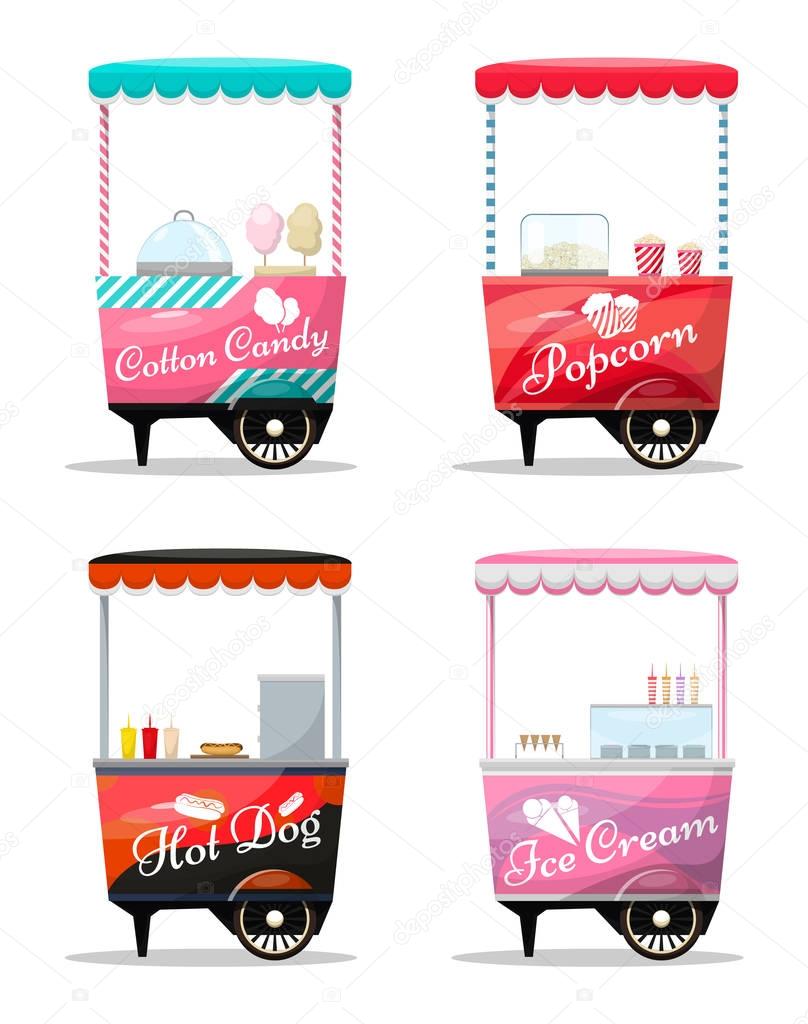 Carts set retail, popcorn, cotton candy, hot dog, ice cream kiosk on wheel