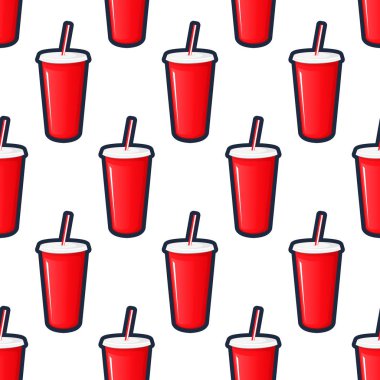 Chopsticks izole vektör çizim ile bir kırmızı plastik pot karton bardak kola iç.