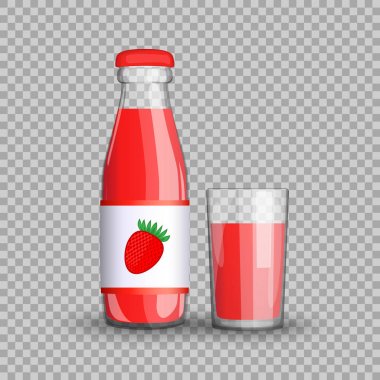 Saydam arka plan vektör çizim üzerinde bir cam fincan izole şeffaf cam şişe içinde çilek suyu