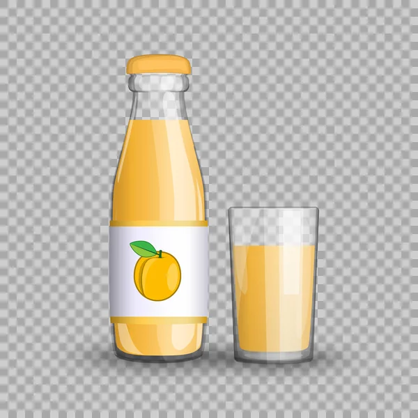 Jus d'abricot dans une bouteille en verre transparent isolé dans une tasse en verre sur fond transparent. Illustration vectorielle — Image vectorielle