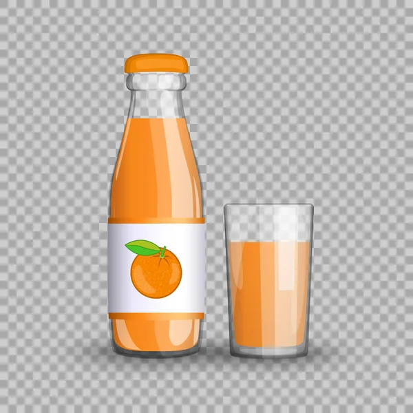 Jus d'orange dans une bouteille en verre transparent isolé dans une tasse en verre sur fond transparent. Illustration vectorielle de boissons d'agrumes végétariennes santé estivale emballées vitamines pour vos projets . — Image vectorielle