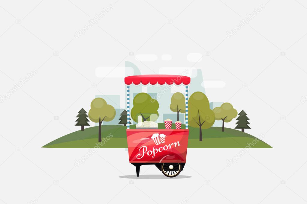 Popcorn cart, kiosk on wheels, retailers, sweets and confectionery products, and flat style isolated on transparent background vector illustration.