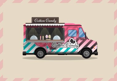 Pamuk şeker, bir büfe tekerlekler, perakende, şeker ve şekerleme, resimli ve stil vektör çizim düz. Kurutulmuş bulut tatlı illüstrasyon projeleriniz için